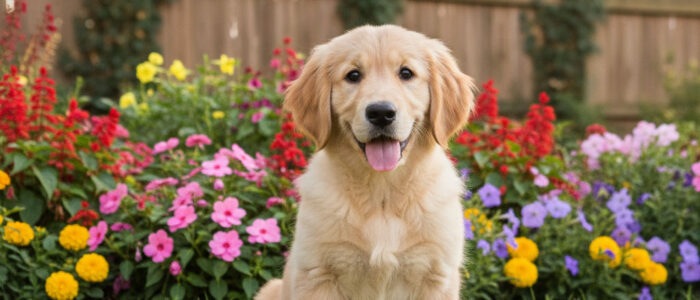 Golden Retriever Puppy sitting on a lawn