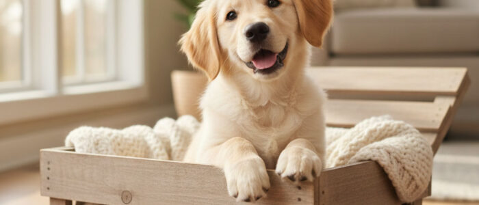Golden Retriever Puppy looking happy in a wooden box