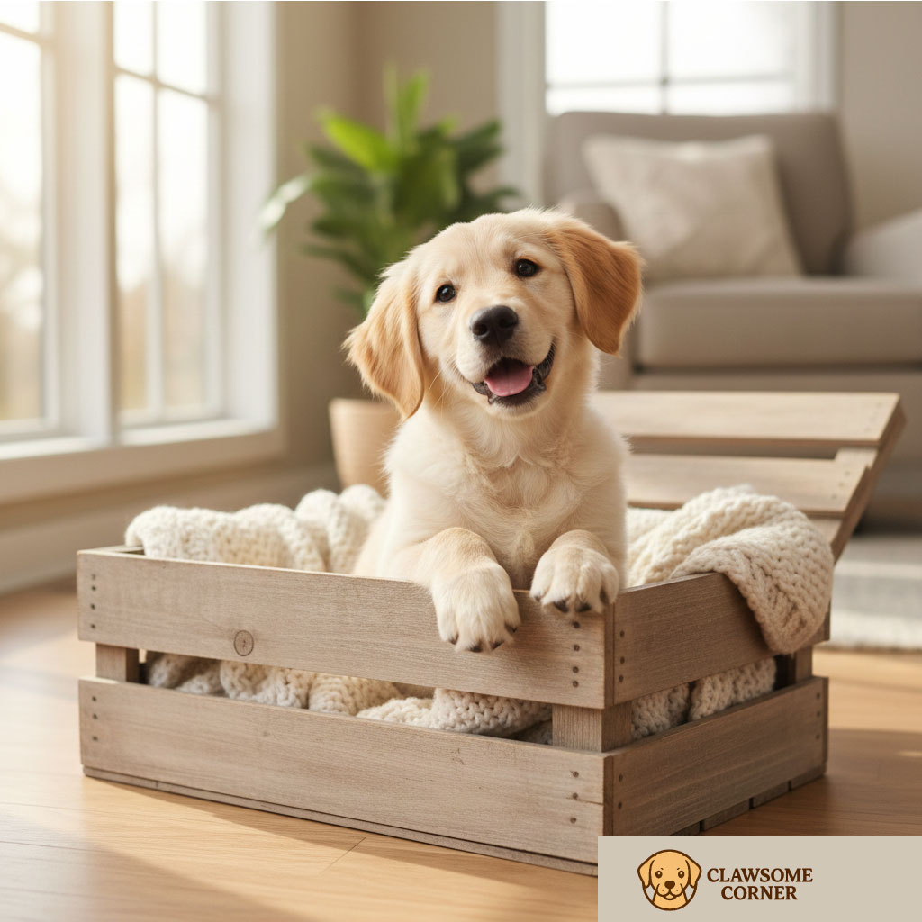 Golden Retriever Puppy sitting in a box